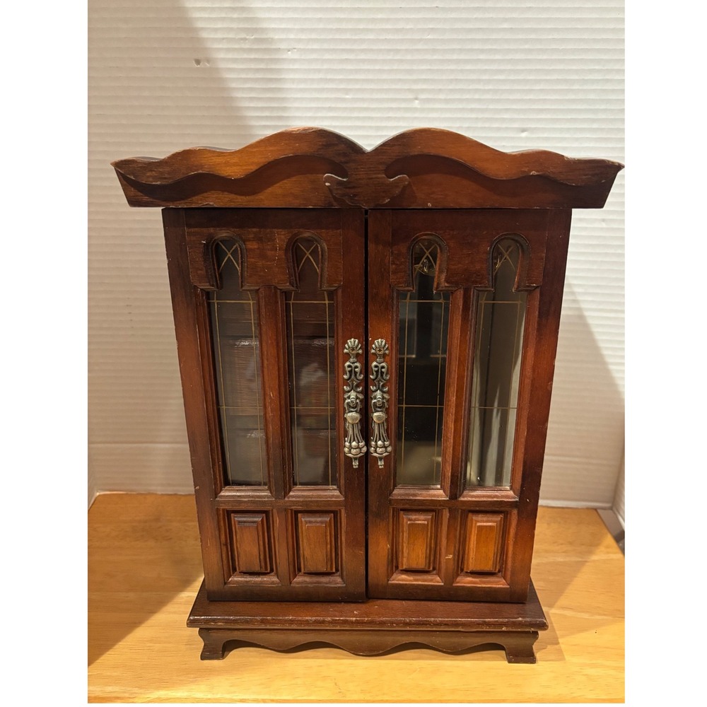 Vintage Wooden Jewelry Box Armoire Music Box Cabinet Dark Wood Mirror Carousel